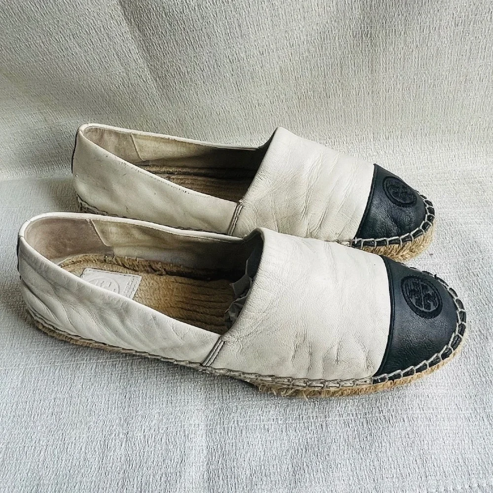 TORY BURCH Colorblock Espadrilles Leather Ivory Black Women’s